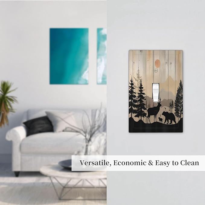 Decorative Light Switch Cover Wood Board Wildlife Cute Bear Deer Forest Rustic 1 Gang Single Toggle Device Electrical Faceplate Switchplates Decorator Outlet Wall Plate for Bathroom