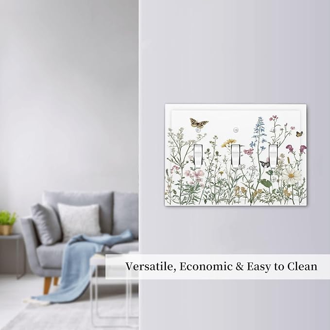 Decorative Switch Plates Rustic Wildflowers Butterfly Colorful Floral 3 Gang Wall Plate Triple Toggle Light Switch Cover Faceplate Electrical Wall Panels For Bed Room Living Room Decor