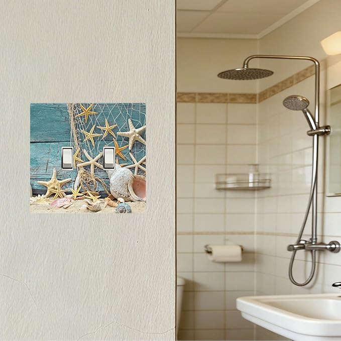 Rustic Coastal Seashell Double Toggle Switch Cover - 2-Gang Standard US Size Fisherman's Catch Beach Scene Light Switch Covers for Bathroom Decor
