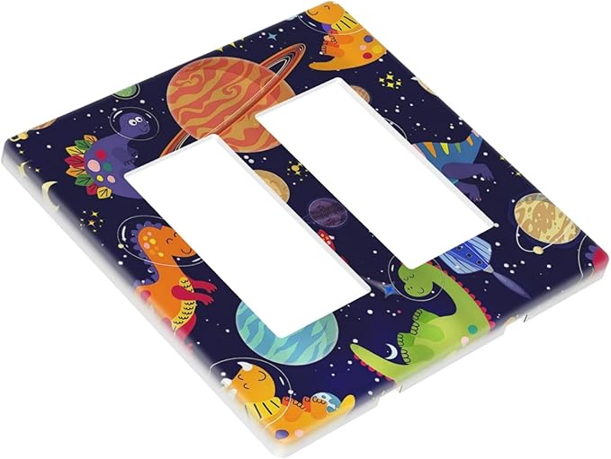 Galaxy Starry Astronaut Dinosaur 2 Gang Double Rocker/Decora Light Switch Cover Decorative Outlet Wall Plate Electrical Faceplate Home Family Art Decor Screwless