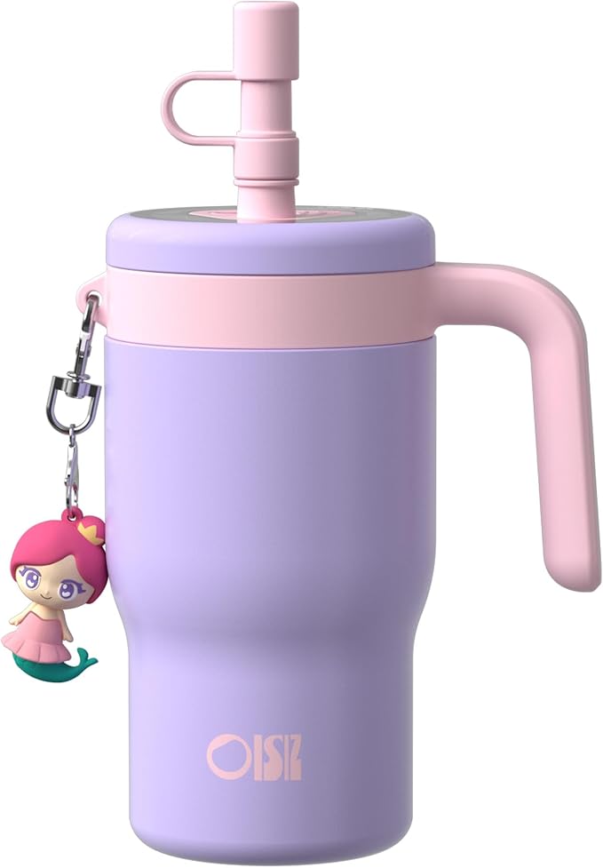 OISIZ 14oz Kids Tumbler with Straw Lid & Handle,Kids Cup with Animal Accessory for School,Kids Water Bottles with Dust-proof Cover,Leakproof Water Bottles,316 Stainless Steel,Keep Cold 24 Hours-purple
