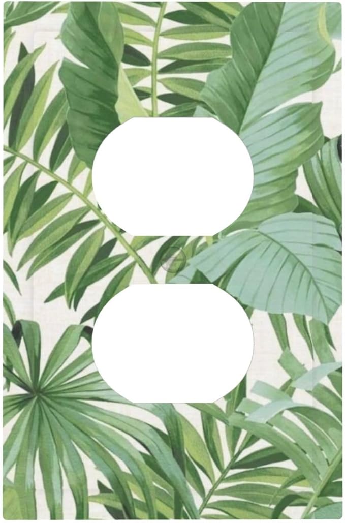 Palm Tree Leaves 1 Gang Duplex Receptacle Outlet Cover Green Tropical Monstera Banana Plant Leaf Electrical Wall Plate Summer Hawaiian Style One Gang Dual Device Light Switch Faceplate Socket Cover