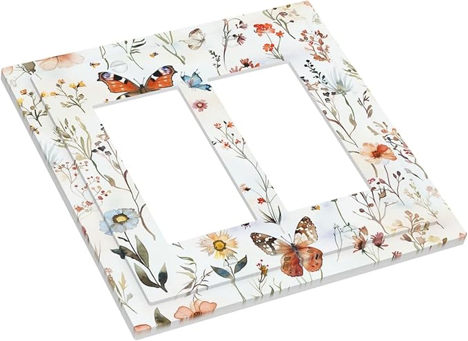 Decorative Outlet Covers Butterfly Floral Boho Multicolor Flower Leave 2 Gang Double GFCI Rocker Electrical Wall Panels Light Switch Cover Plate for Bed Room living Room Decor