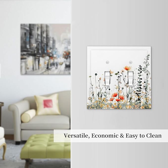 Vintage Country Style Watercolor Leaves Wildflowers Floral Decorative Switch Plates 2 Gang Double Toggle Outlet Light Switch Cover Wall Plate Electrical Faceplate for Bedroom Living Room Decor