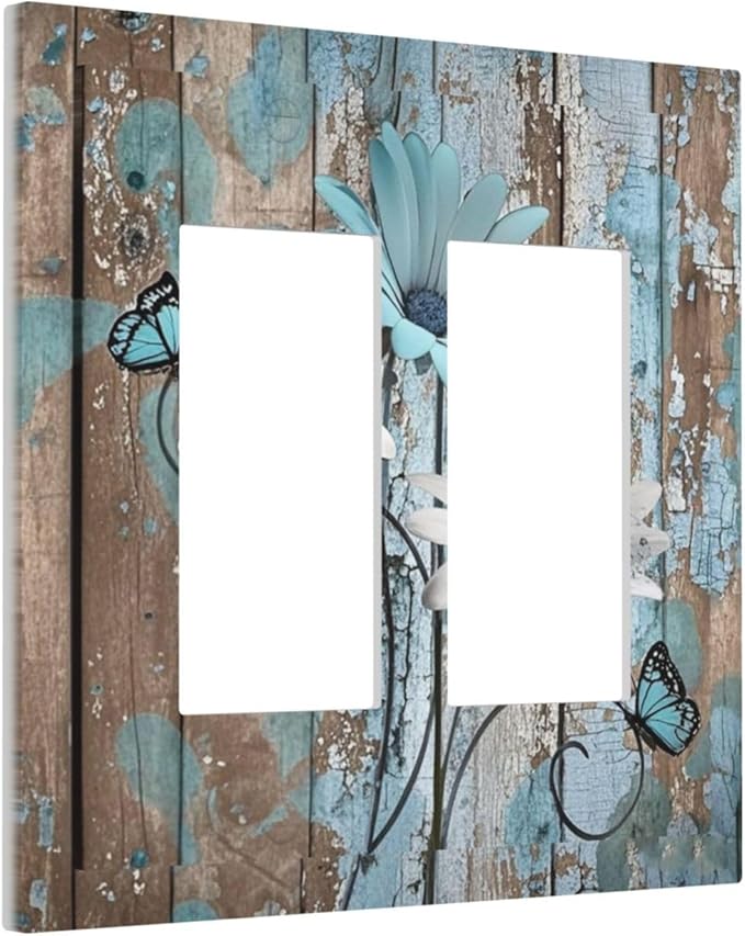 Decorative Outlet Covers Rustic Flower Teal Turquoise Daisy Butterfly 2 Gang Double Gfci Rocker Electrical Wall Panels Light Switch Cover Plate For Farmhouse Cabin Decor