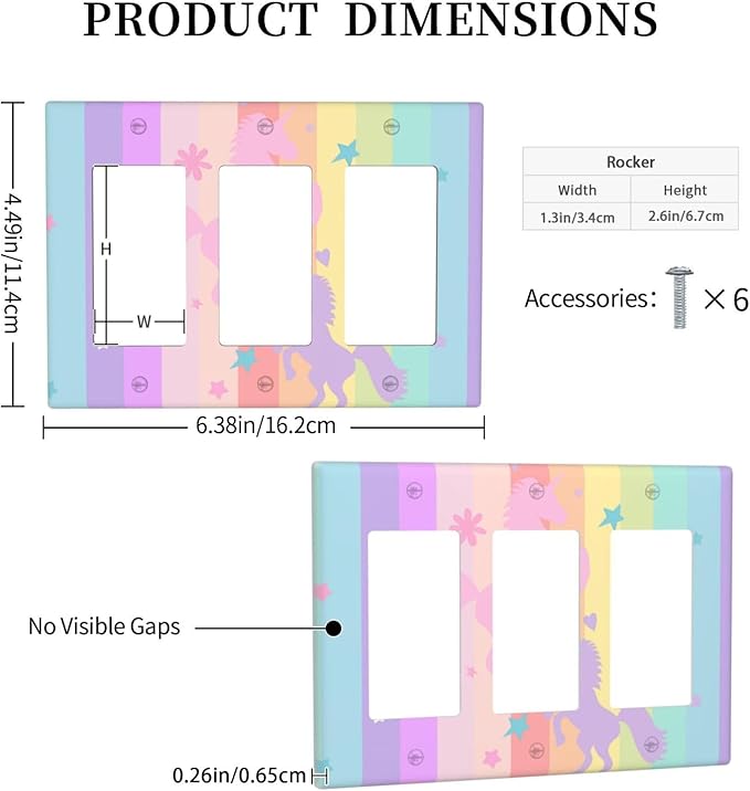 Cute Purple Pink Rainbow Unicorn 3 Gang Rocker Outlet Covers Triple Rocker Light Switch Cover Switchplates Wall Plate Decorative Electrical Faceplate for Nursery Girls Boys Room Kids Room Decor