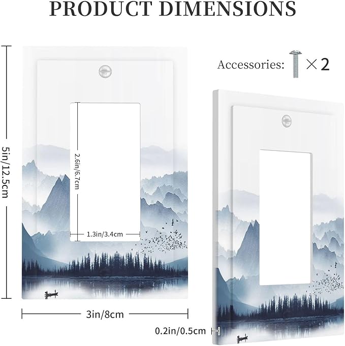 Decorative Outlet Covers Mountain Foggy Lake Boat Grey Blue Forest Birds 1 Gang Single Rocker Light Switch Cover Plate Wall Plates GFCI Faceplate for Bedroom living Room Decor