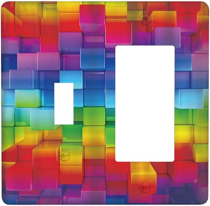 3D Colorful Rainbow Wall Abstract Squre Shaped 2 Gang Single Toggle Rocker Combination Light Switch Cover Unique Decorative Wall Plate Cover Electrical Faceplate Switchplate for Bedroom Decor