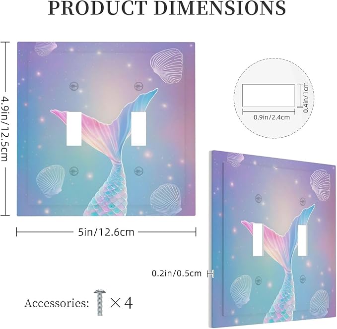 Cute Mermaid Pink Tail Scales Shells Colorful Ocean Decorative Switch Plates 2 Gang Double Toggle Outlet Light Switch Cover Wall Plate Electrical Faceplate for Kids Room Nursery Decor