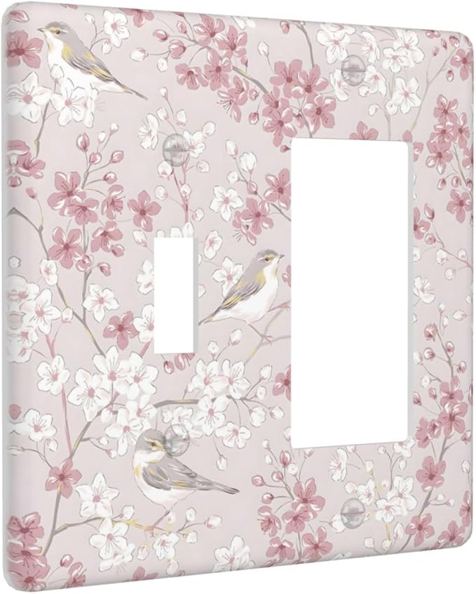 Pink Sakura Cherry Blossom Vintage Bird Floral Flower Outlet Covers 1 Toggle 1 Rocker Combination Decorative Wall Plate Electrical Switch Plates Light Switch Cover Plate for Bedroom Living Room Decor