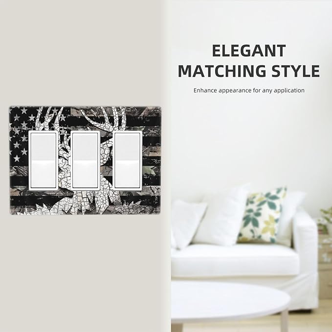 American Flag Forest Antler Deer Elk 3 Gang Triple Rocker/Decora Light Switch Wall Plate Cover Decorative Electrical Faceplate Switchplate for Bathroom Living Room Decor