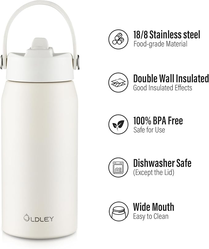 Oldley 18oz Insulated Water Bottle with Straw, Stainless Steel Water Bottle for Sports, Travel, School, BPA-Free Sports Bottles for Adult Kids, Leak-Proof, Beige
