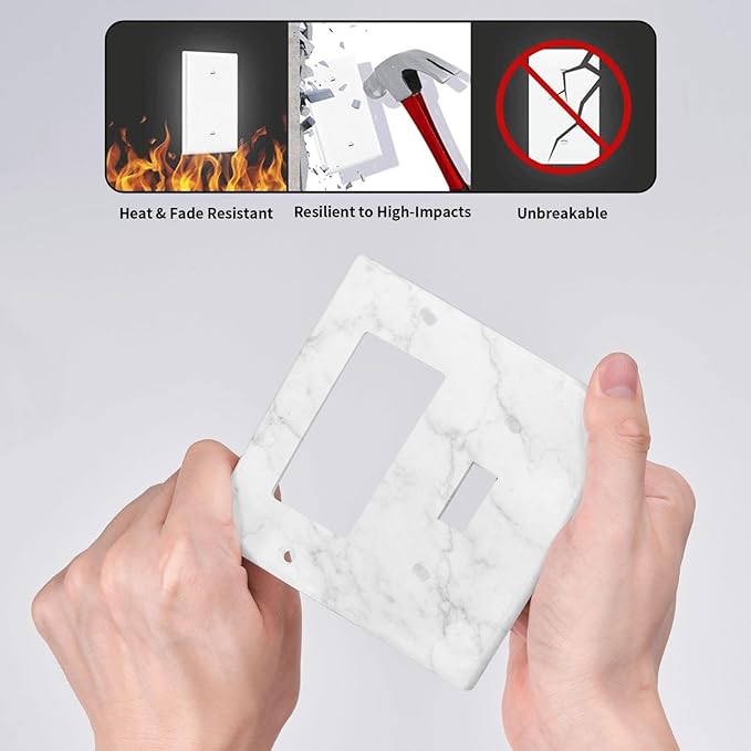 White Marble Faux Printed Double Gang Toggle Rocker Decorative Light Switch Cover, 2-Gang Wall Plate Outlet Cover