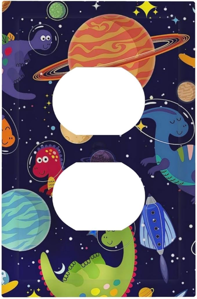 1 Gang Duplex Receptacle Switch Wall Plate Blue Cute Cartoon Dino Kids Dinosaur Universe Galaxy Outer Space Cosmos Planet Nebula Boy Girl Switchplate Mid Electrical Outlet Cover Receptacle Plug Cover