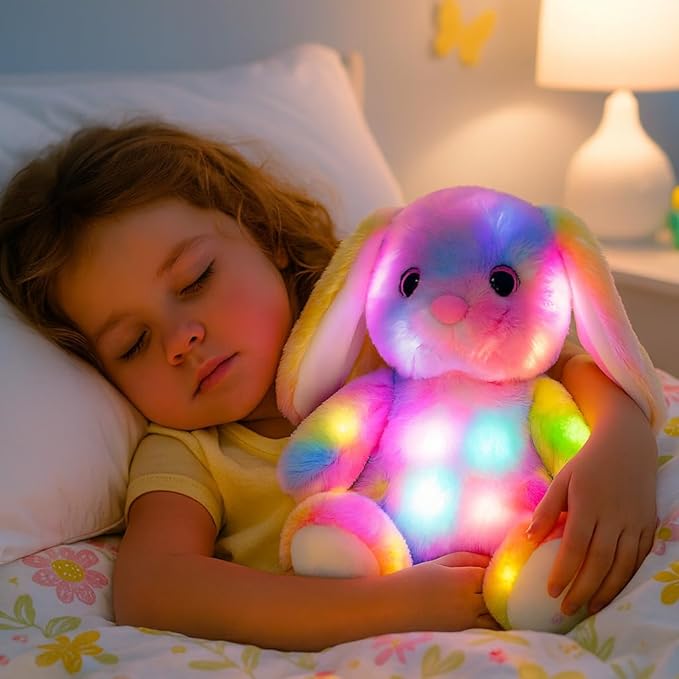 Hopearl LED Musical Stuffed Bunny Colorful Lighting Up Singing Plush Rabbit Adjustable Volume Lullaby Animated Soothe Birthday Festival for Kids Toddlers, 10''