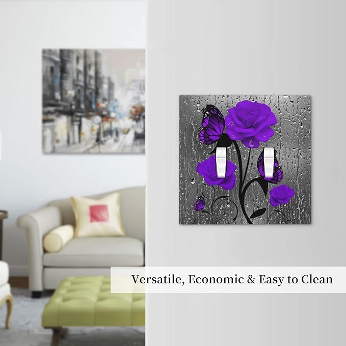 Purple Rose Romantic Flowers 2 Gang Double Toggle Light Switch Cover Rose Floral Decorative Wall Plate Faceplate For Girls Ms Purple Rose Butterfly Bathroom Home Living Room Decor 5" x 4.9