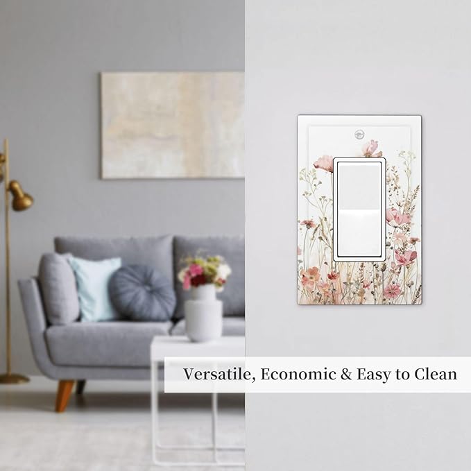 Boho Floral Watercolor Pink Wildflower Butterfly Decorative Outlet Covers 1 Gang Single Rocker Light Switch Cover Plate Wall Plates GFCI Faceplate for Bedroom Living Room Decor