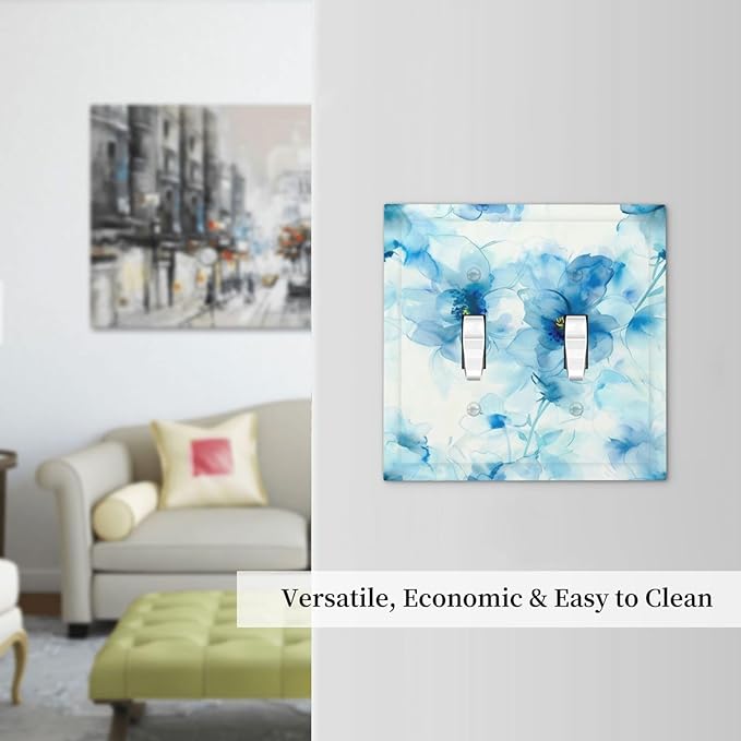 Watercolor Flower Blue White Large Floral Leaf Plants Decorative Switch Plates 2 Gang Double Toggle Outlet Light Switch Cover Wall Plate Electrical Faceplate for Bedroom Living Room Decor