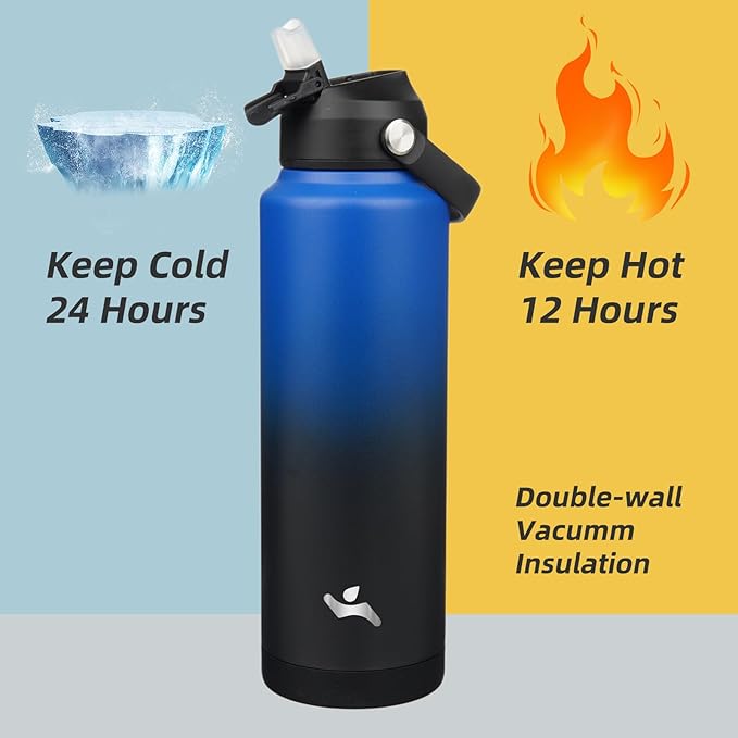 Konokyo Insulated Water Bottle with Straw Lid,40 oz Stainless Steel Vacuum Metal Bottle with Silicone Handle,Black Blue