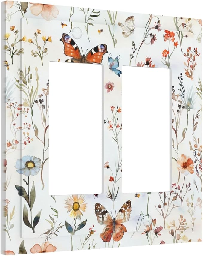 Decorative Outlet Covers Butterfly Floral Boho Multicolor Flower Leave 2 Gang Double GFCI Rocker Electrical Wall Panels Light Switch Cover Plate for Bed Room living Room Decor