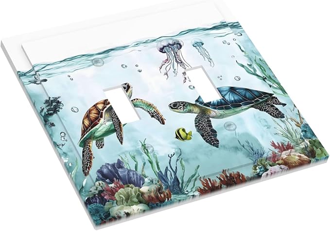 Sea Turtles Sea Coral Seaweed Ocean Jellyfish Decorative Switch Plates 2 Gang Double Toggle Outlet Light Switch Cover Wall Plate Electrical Faceplate for Kids Room Bathroom Decor