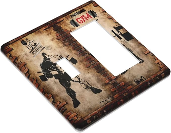 Vintage Gym Retro Brick Dumbbell Muscular Man2 Gang Toggle Rocker Light Switch Cover Decorative Combin Wall Plates Art Panel Brick Dumbbell Dimmer for Bedroom Boyroom Gyms Decor