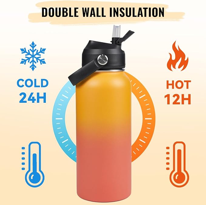 Fijinhom 32oz Insulated Stainless Steel Water Bottle, Wide Mouth Double Wall Vacuum, Silicone Straw, Sweat & Leak Proof, BPA Free Insulated Water Flask for Travel, Keep Cold 24h Hot 12h, Orange