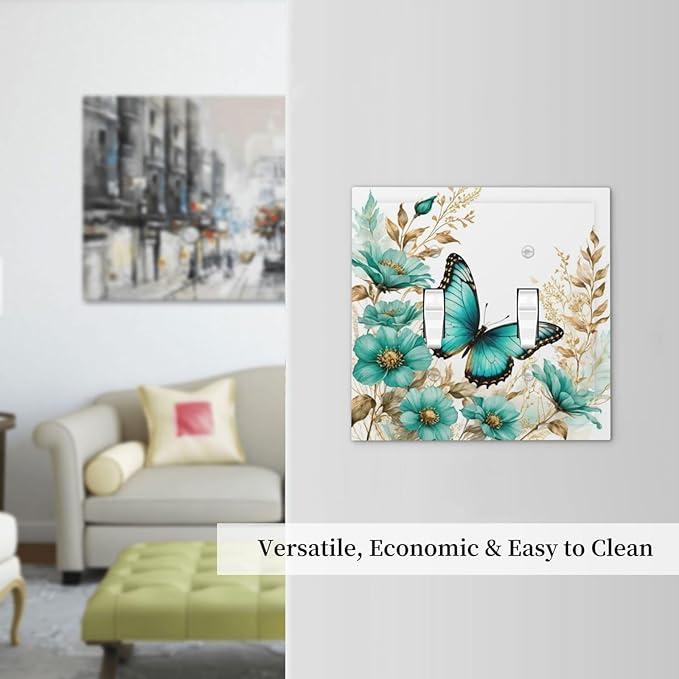 Decorative Light Switch Cover Plate Butterfly on Blue Daisy Flower Floral Golden Leaf 2 Gang Wall Plate Oversized Double Toggle Two Switch Wall Cover Plate Dual Device Face Plate