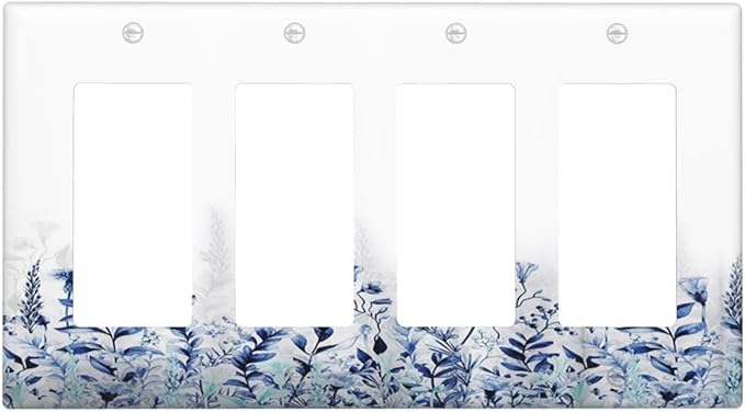 Decorative Outlet Covers Rustic Blue Plants Wildflowers Boho Leaves 4 Gang Wall Plate Cover Quad Rocker Decora Light Switch Covers Plate Jumbo Electrical GFCI Switch Plate Cover