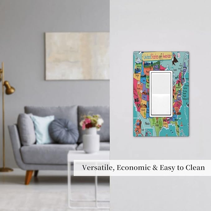American Map Animal Educational Geography Colorful Landmark Landscape 1 Gang Rocker/Decor Outlet Light Switch Wall Plate Cover Decorative Faceplate Switchplates Bathroom Living Room Bedroom Decorate