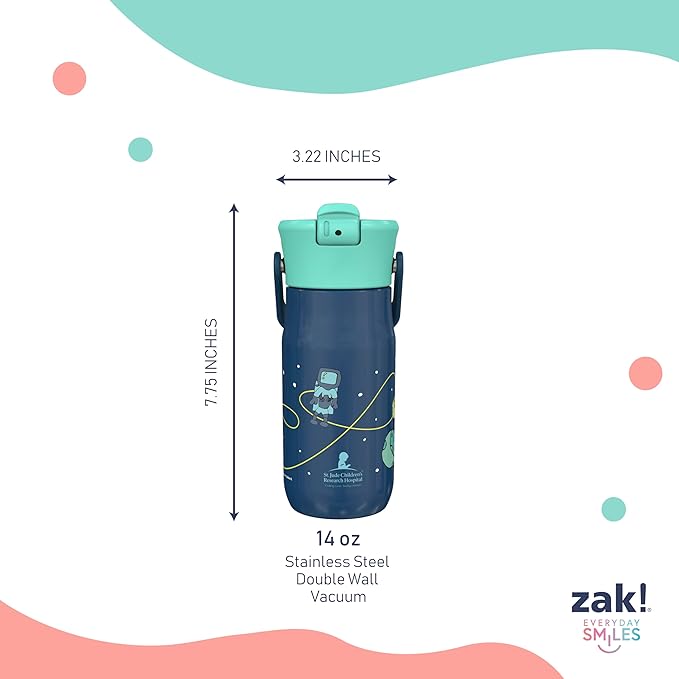 Zak Designs Harmony Kid Water Bottle Benefiting St. Jude, For Travel or At Home, 14oz Stainless Steel is Leak-Proof When Closed and Vacuum Insulated (Space)