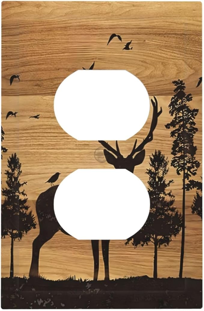 Elk Moose Forest Hunting Pyrography Art Wood Texture Print Outlet Covers 1 Gang Duplex Light Switch Cover Decorative Switch Plates Electrical Receptacle Faceplate Wall Plate for Farmhouse Bedroom Home
