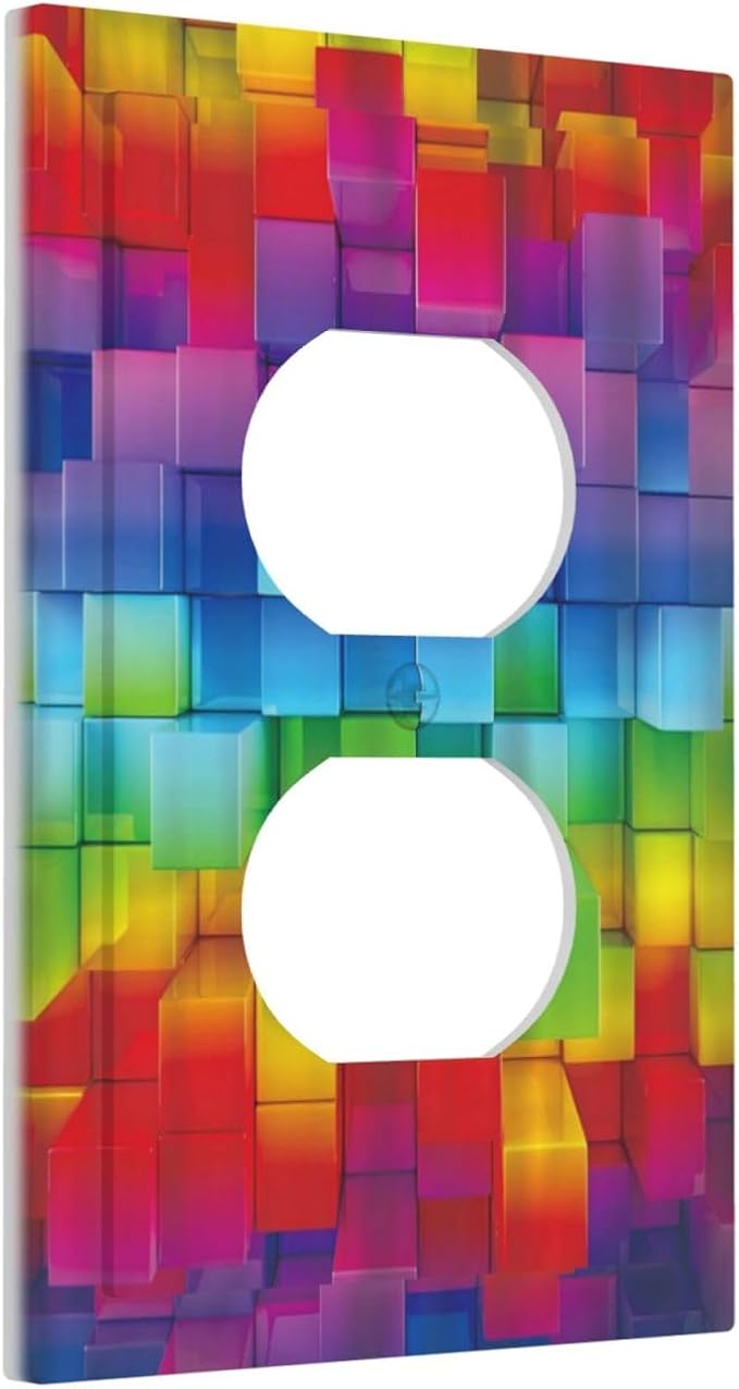 3D Colorful Rainbow Wall Abstract Squre Shaped 1 Gang Outlet Plate Decorative Single Duplex Wall Plate Covers Unique Electrical Receptacle Light Switch Cover Art Faceplate Switchplate for Living Room