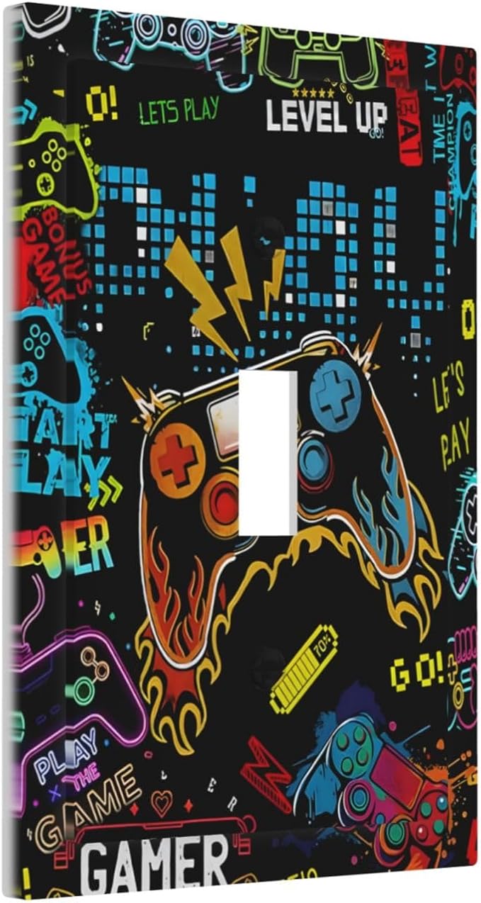 Gamer Video Game Themed Cool Controller Print Decorative Light Switch Cover 1 Gang Single Toggle Device Electrical Faceplate Switchplates Decorator Outlet Wall Plate for Kids Room Office Decor