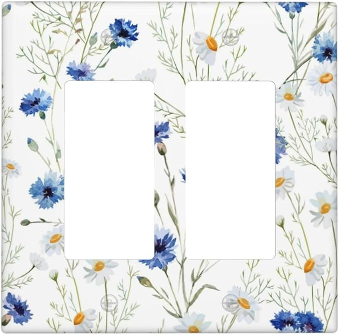 Decorative Outlet Covers Watercolor Daisy Blue Floral Vintage Plant 2 Gang Double Rocker Light Switch Cover Decorative Switch plates Electrical Wallplate GFCI Receptacle for Bedroom Home Decor