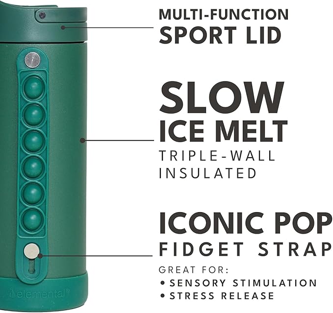 Elemental Iconic Kids Water Bottle for School - 100% Leak-Proof Insulated Water Bottles with Straw Lid & Pop-It Handle for Boys & Girls - Triple-Wall Insulated & BPA-Free, 14oz –Forest Green