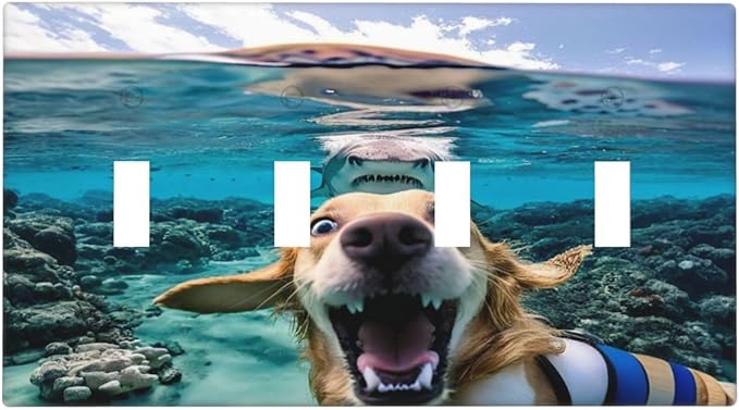 Decorative Light Switch Plate Covers Angry Shark Chased Funny Dog Underwater Sea 4 Gang Wall Plate Switch Cover Plate Quad Toggle Jumbo Electrical Faceplate for Bathroom Decor