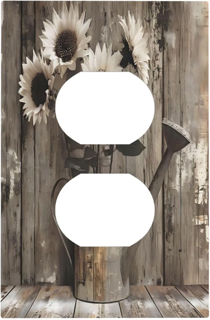 Rustic Floral Country Sunflower Daisy Old Wooden Boards Outlet Covers 1 Gang Duplex Light Switch Cover Decorative Switch Plates Electrical Receptacle Faceplate Wall Plate for Farmhouse Home Decor