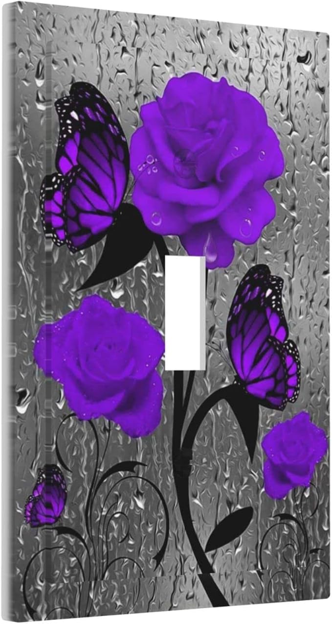 Bathroom Purple Rose Light Switch Cover 1 Gang Single Toggle Wall Plate Cover Butterfly Valentine's Day Elegant Violet Pretty Flower Faceplate Switchplate Girls Women Bedroom Room Art Panel Decor