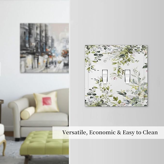 Eucalyptus Sage Green Leaf Plant Floral Decorative Switch Plates 2 Gang Double Toggle Outlet Light Switch Cover Wall Plate Electrical Faceplate for Bedroom Living Room Decor