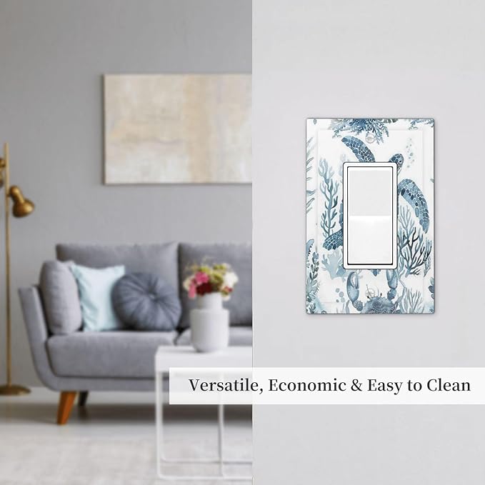 Blue Sea Turtle Coastal Coral Beach Crab Seaweed Decorative Outlet Covers 1 Gang Single Rocker Light Switch Cover Plate Wall Plates GFCI Faceplate for Kids Room Bathroom Decor