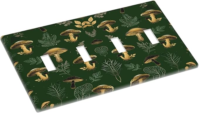 Decorative Light Switch Cover Plate Cute Gold Mushtroom Green Plant Leaf 4 Gang Wall Plates for Electrical Outlets Quad Toggle Switch Plate Covers Outlet Covers Faceplate for Home Decor