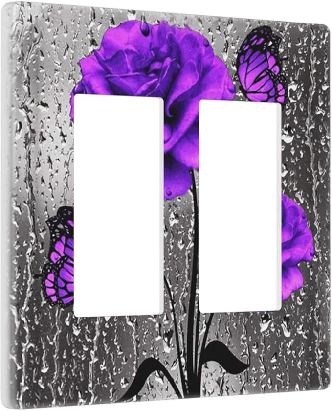 Fashion Woman Purple Grey Rose Flowers Butterfly 2 Gang Double Decorator GFCI/Rocker Wall Plate Vibrant Blossom Floral Art Electrical Outlet Decorative Receptacle Cover Light Switch for Dimmer, USB