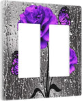 Fashion Woman Purple Grey Rose Flowers Butterfly 2 Gang Double Decorator GFCI/Rocker Wall Plate Vibrant Blossom Floral Art Electrical Outlet Decorative Receptacle Cover Light Switch for Dimmer, USB