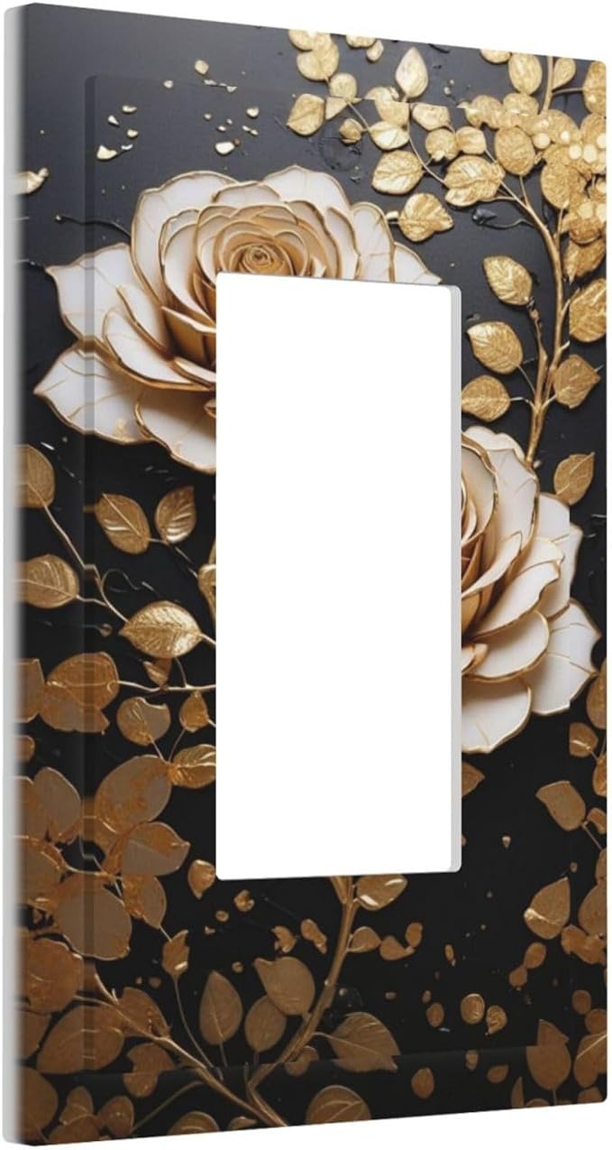 Decorative Outlet Covers Big Golden White Roses Glod Leaves Black Background 1 Gang Single Decora GFCI Device Light Switch Covers Plate 1 Rocker Wall Plate Jumbo Switch Cover Plate
