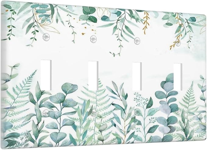 Boho Green Eucalyptus Leaf Floral Sage Flower Light Switch Covers Quad Toggle Electrical Faceplate 4 Gang Wall Plate Decorative Switch Plates Cover for Bedroom Living Room Decor