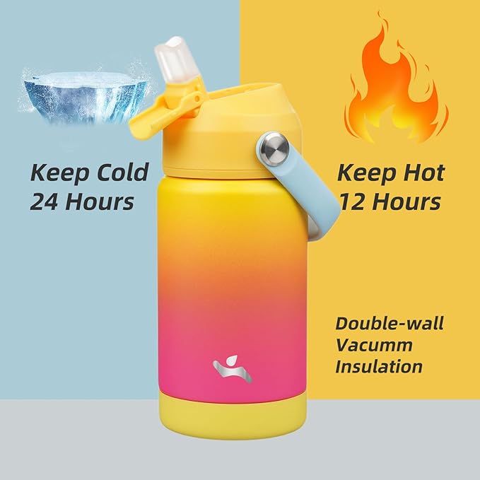 Konokyo Insulated Water Bottle with Straw Lid,12 oz Stainless Steel Vacuum Metal Bottle with Silicone Handle,Rainbow