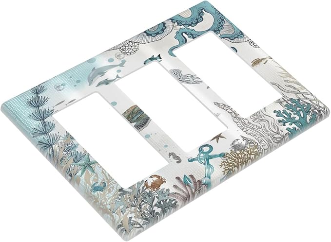Sea Turtle Octopus Ocean Underwater Animal 3 Gang Rocker Light Switch Covers Decorative Unique Triple Outlet Wall Plate Cover Faceplate Decorative Switchplate GFCI for Bedroom Bathroom Decor