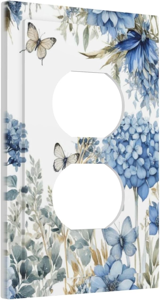 Decorative Outlet Covers Boho Blue Flowers Rustic Beige Butterfly Leaves 1 Gang Wall Plate Receptacle Duplex Light Switch Cover Plate Single Dual Plug Covers Electrical Switchplate