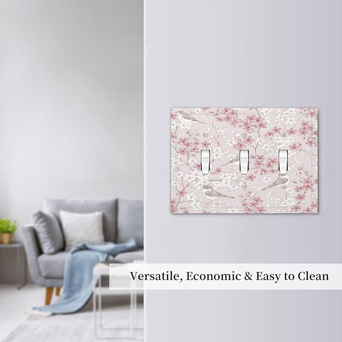 Pink Sakura Cherry Blossom Vintage Bird Floral Flower Decorative Switch Plates 3 Gang Wall Plate Triple Toggle Light Switch Cover Faceplate Electrical Wall Panels for Bedroom Living Room Decor